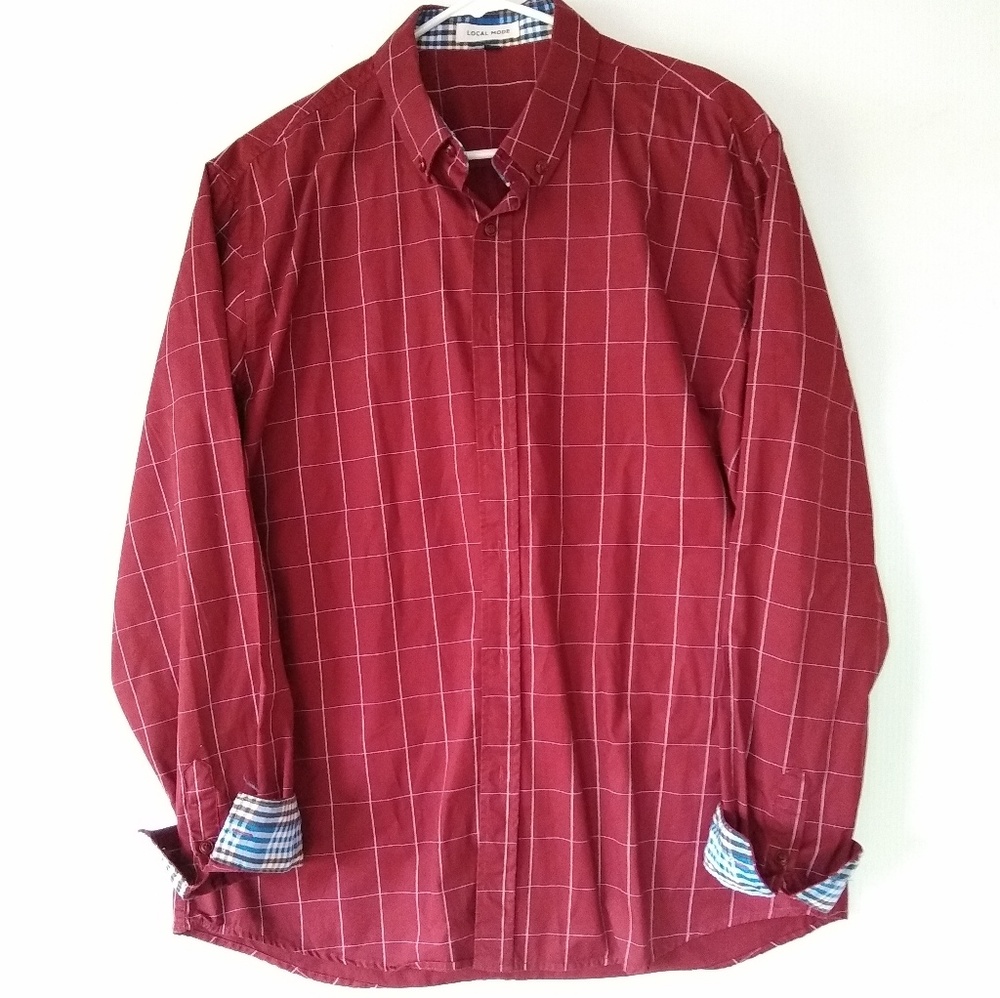 LOCAL MODE burgundy window pane button down dress shirt